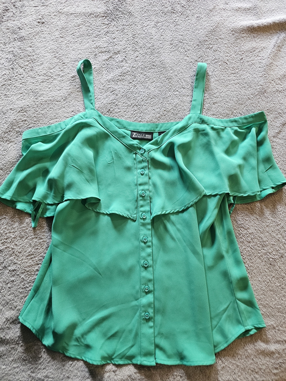 New York & Company Green Ruffle Off-Shoulder Button-Front Top